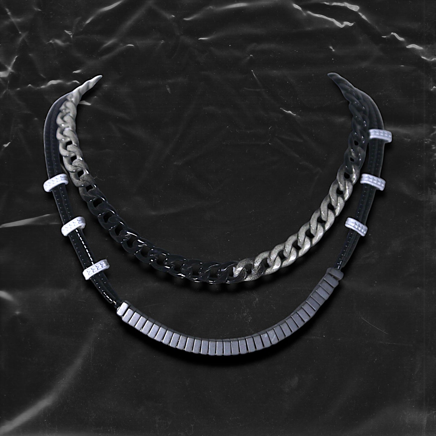 Chockychoker "Chrome Theory" choker featuring a layered structure with a gradient black-to-silver metal chain on the upper tier, and a lower tier composed of black round beads linked by white-grey star-engraved spacers and central matte gradient cube beads. This futuristic accessory channels industrial, cyberpunk, techwear, and alternative streetwear aesthetics. Ideal for unisex fashion, edgy Y2K looks, and bold style statements.

